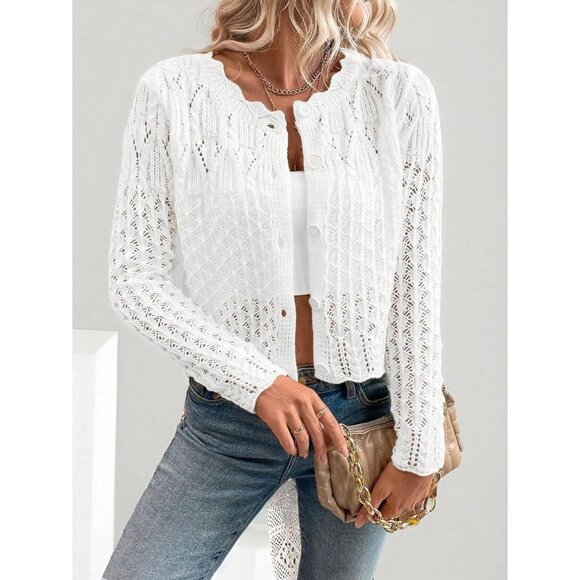 Knit Cardigan Sweater Women Cropped Long Sleeve Button Fall Casual Top - Picture 4 of 5